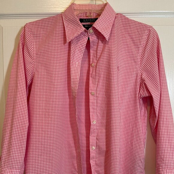 Ralph Lauren pink gingham 3/4 length sleeve no iron blouse - Picture 1 of 7